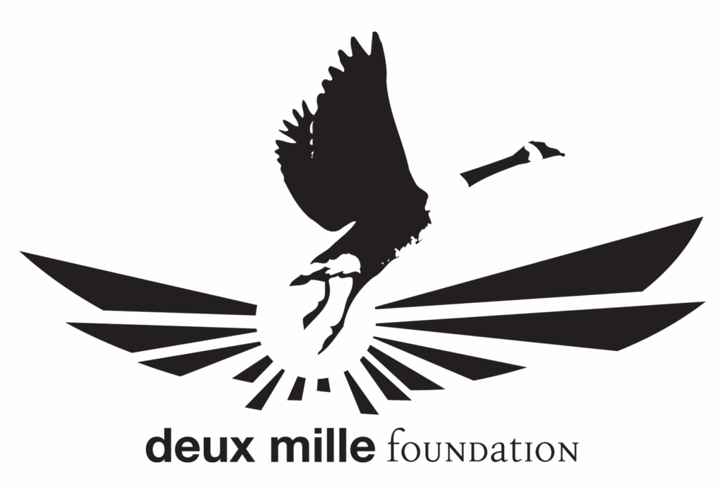 A logo for deux mille foundation with their name in black text below a design featuring a Canada Goose symbol in black.