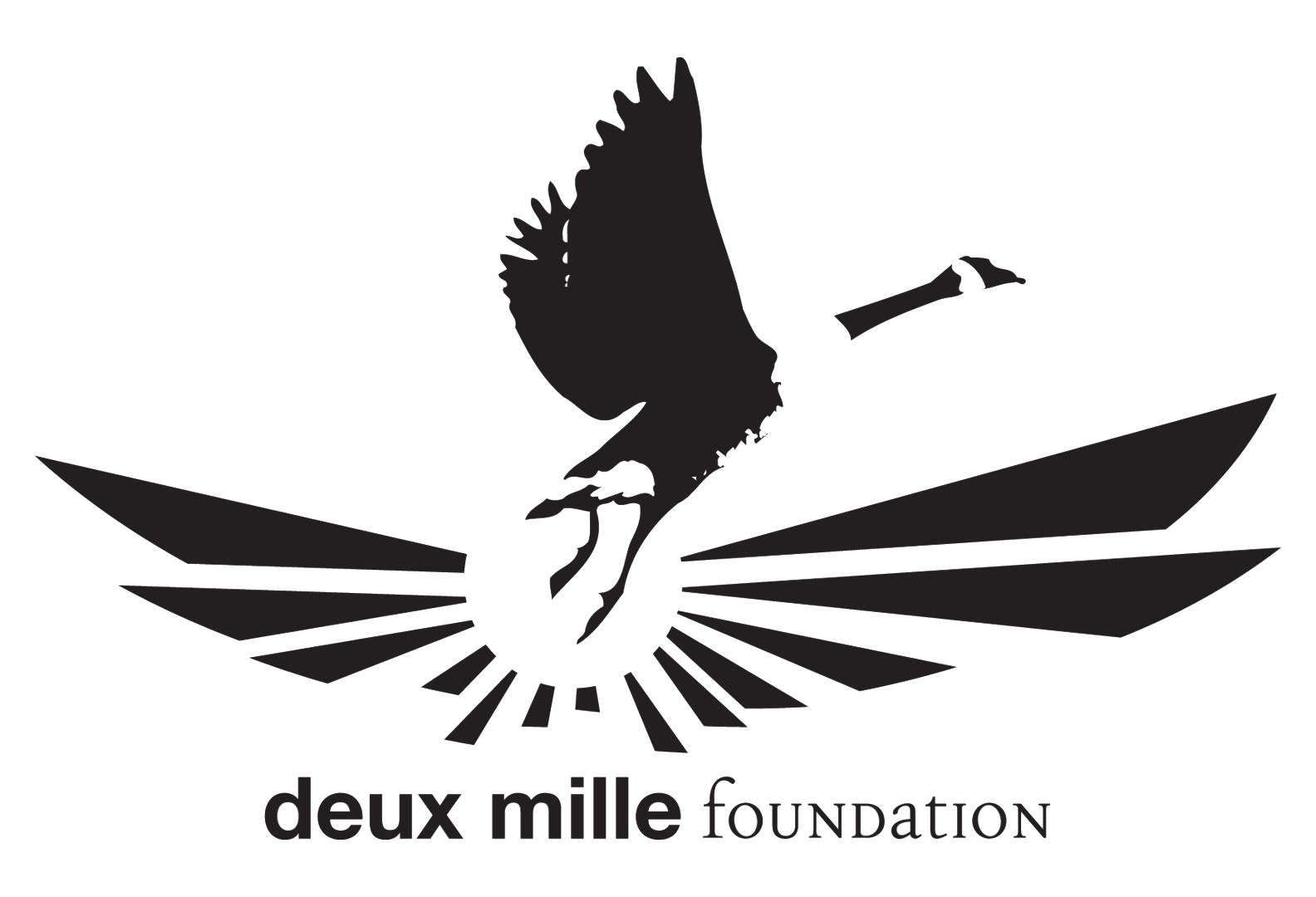 A logo for deux mille foundation with their name in black text below a design featuring a Canada Goose symbol in black.