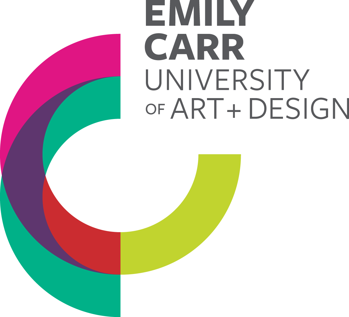 Emily Carr University of Art + Design logo with text in light grey and colourful looking curve in semi-transparent pink, green and lime green