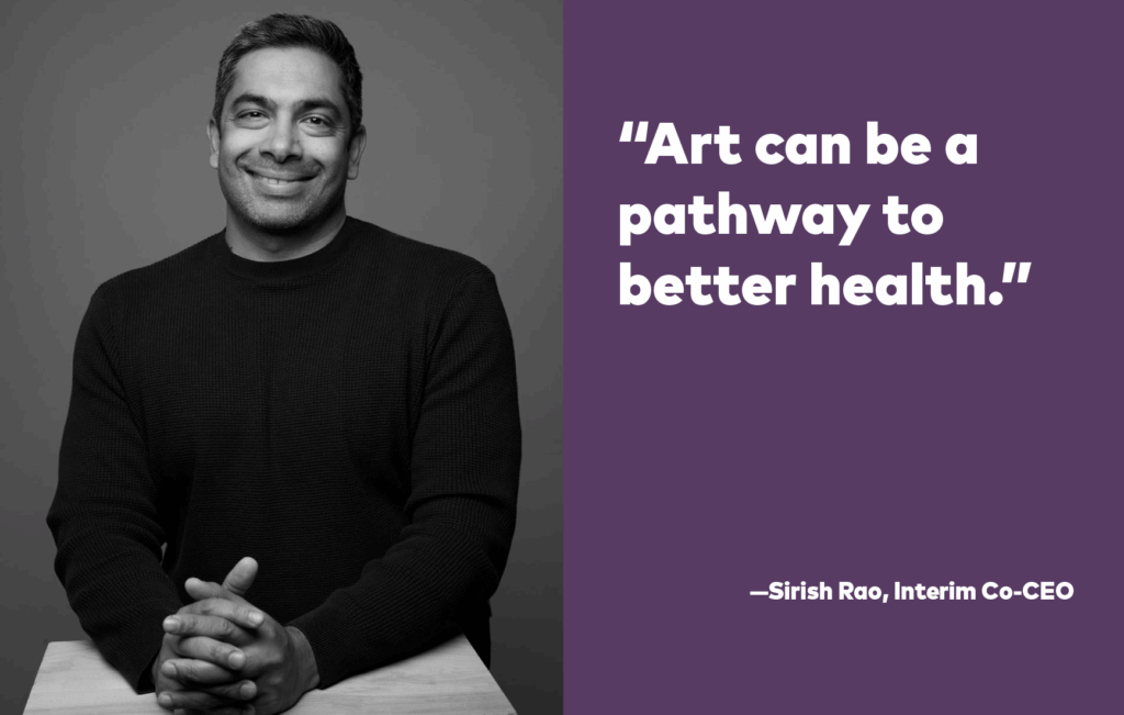 Black-and-white photo of Sirish Rao with a quote on a purple background that reads: Art can be a pathway to better health.