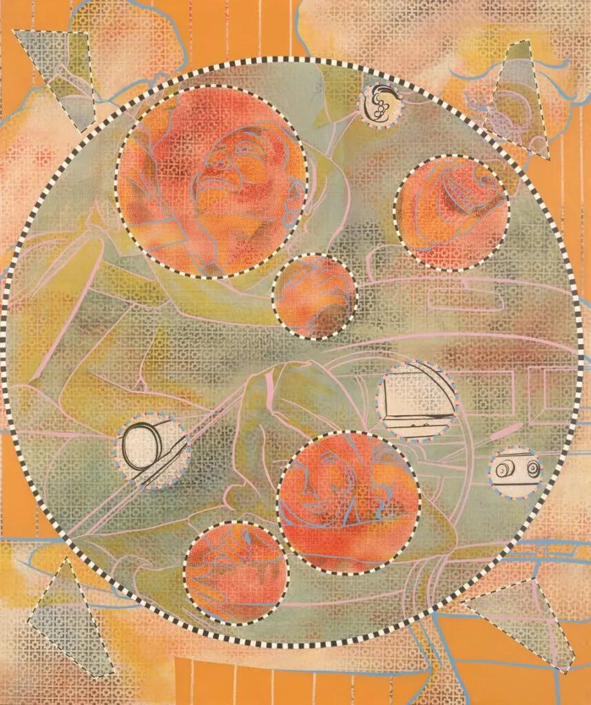 A vibrant abstract painting featuring a large central circle filled with overlapping human figures, geometric patterns and a grid-like texture. Inside the circle are seven smaller, circular cut-outs with black-and-white checkered borders, each highlighting detailed red-orange portraits or symbolic elements like hands and faces. The background consists of warm orange and yellow tones with additional soft, cloud-like shapes and triangular segments. Fine pink lines trace outlines of bodies and forms throughout the composition, adding a sense of layered movement and complexity.