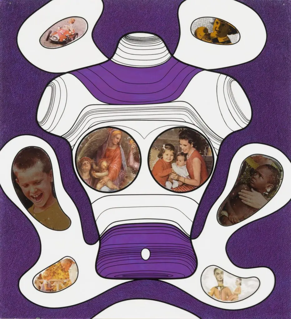 A mixed-media collage featuring a stylized, abstract torso outlined in black with layered contours in white and shades of purple, set against a textured purple background. Embedded within the torso and surrounding shapes are photographic and painted images of children, mothers and babies. These include depictions of Madonna and Child, a mother with two children, a laughing boy, and other figures representing care, nurturing and childhood. The organic shapes resemble anatomical or cellular forms, blending themes of family, identity and the body.