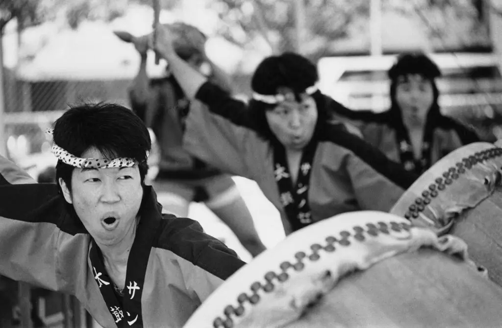 Black-and-white photograph of taiko drummers at Powell Street Festival