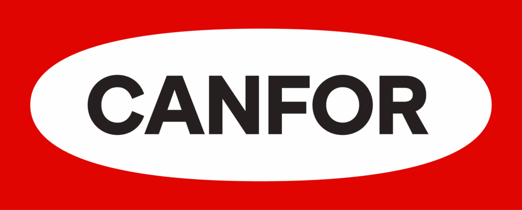 A red rectangular logo with a white oval in the middle and black text in uppercase that reads "Canfor."