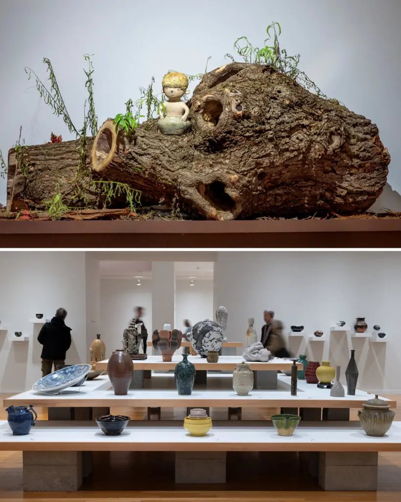 Two installation views. On the top is a view of the exhibition Otani Workshop: Monsters in My Head. A sculpture of a boy emerging from a pot sits nestled on a tree log that has some new green growth on it. On the bottom is an installation view of Written In Clay. It looks at 3 shelves from the side. The shelves have multiple colourful vases and ceramics on them.