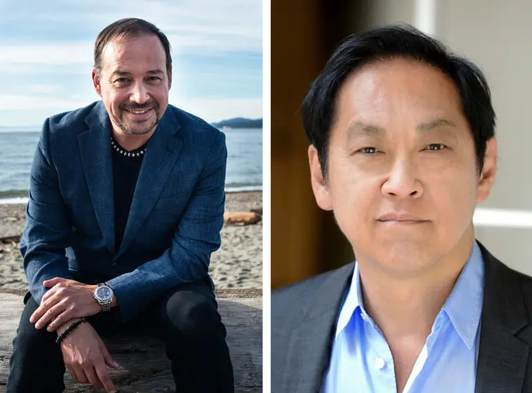 Headshots of Alfred Waugh, on the left, wearing a blue suit jacket and sitting on a log at the beach, and Bruce Kuwabara, on the right, wearing a light blue button-down shirt with a black suit jacket.