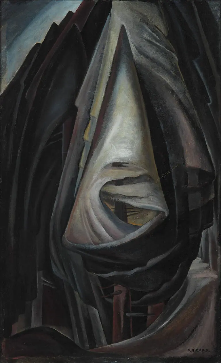 A portrait painting by Emily Carr of a triangular tree in hues of grey and black.