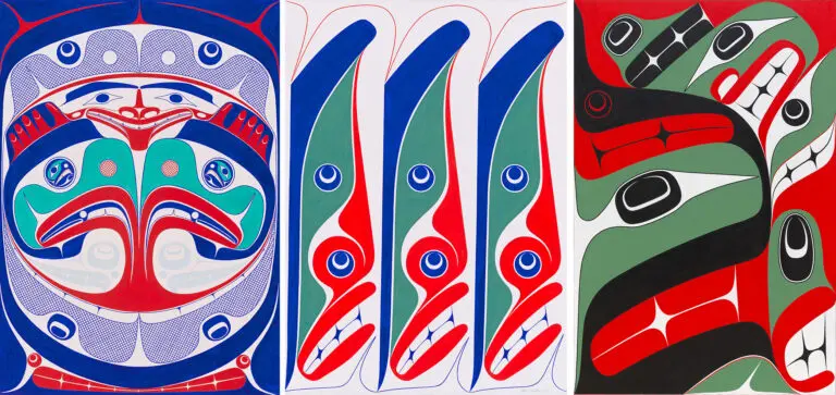 Three paintings by Haida artist Robert Davidson presented side by side.
