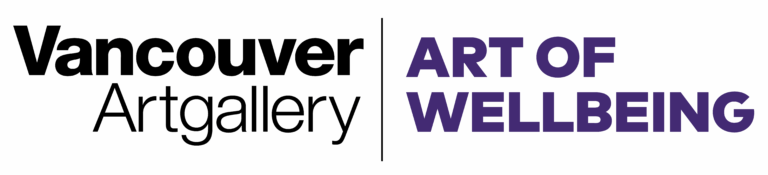 A wordmark that includes the Vancouver Art Gallery logo in black on the left, a vertical separator line in black, and the text "Art of Wellbeing" in purple on the right.