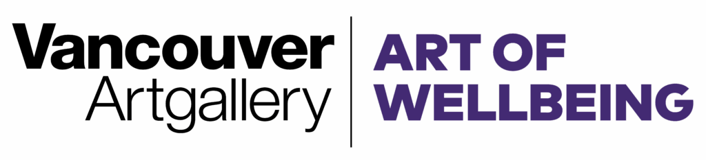 A wordmark that includes the Vancouver Art Gallery logo in black on the left, a vertical separator line in black, and the text "Art of Wellbeing" in purple on the right.