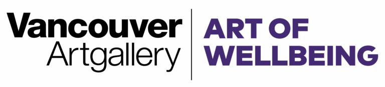A wordmark that includes the Vancouver Art Gallery logo in black on the left, a vertical separator line in black, and the text "Art of Wellbeing" in purple on the right.