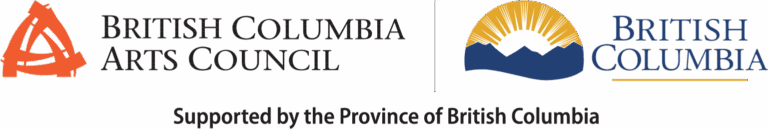 Two side by side logos. The British Columbia Arts Council with a red triangle appears on the left. The Province of British Columbia logo appears on the right with a sunrising over mountains and the text British Columbia next to it.