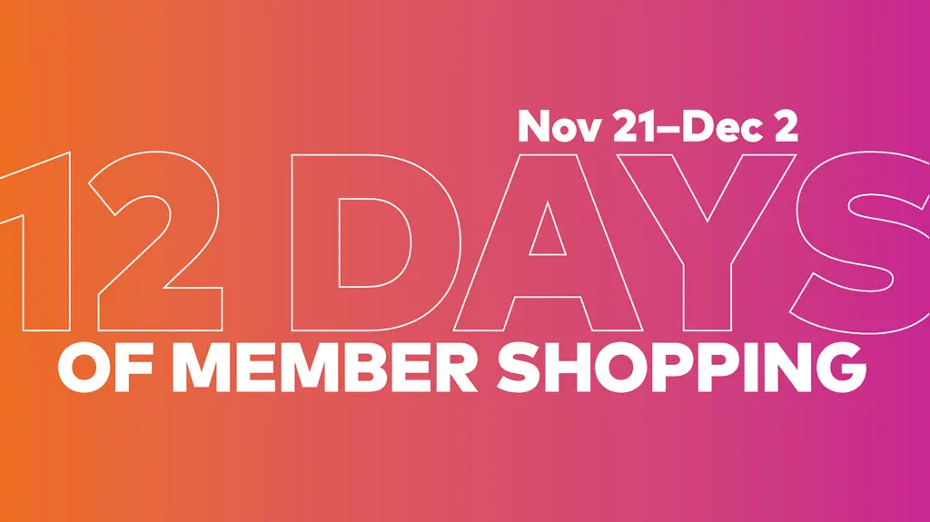 A graphic with text in white that reads: "Nov 21–Dec 2 12 Days of Member Shopping." The text is on an gradient background that goes from orange to pink, left to right.