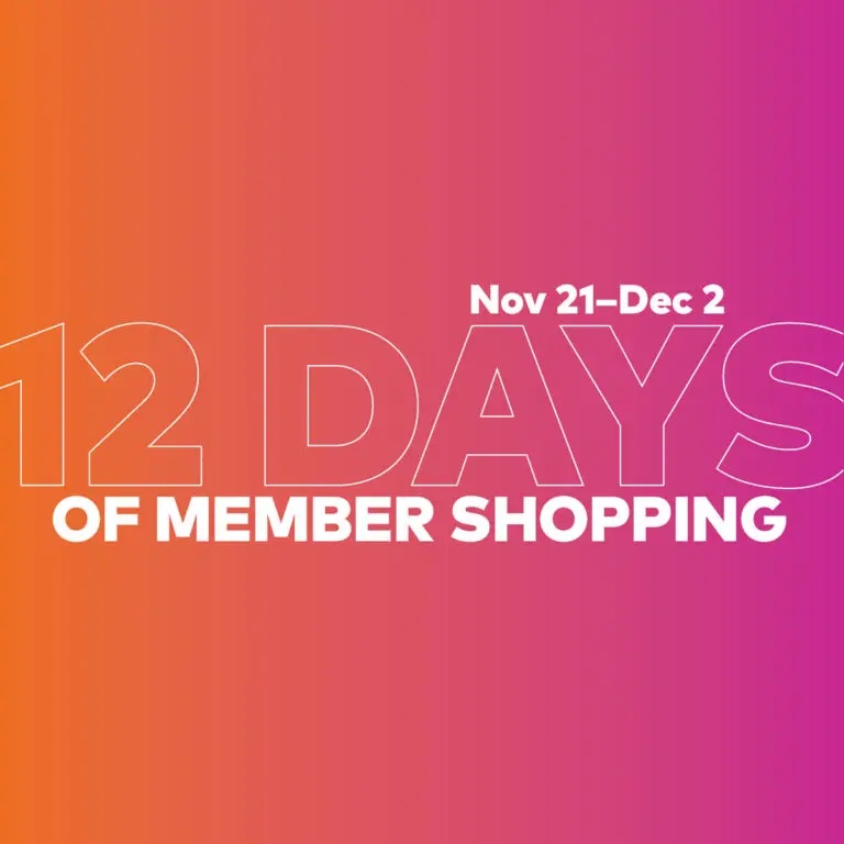 A graphic with text in white that reads: "Nov 21–Dec 2 12 Days of Member Shopping." The text is on an gradient background that goes from orange to pink, left to right.
