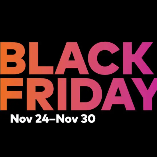 Black Friday text in orange and pink on black background. Text dates "Nov 24–Nov 30" appear in white below the graphic.