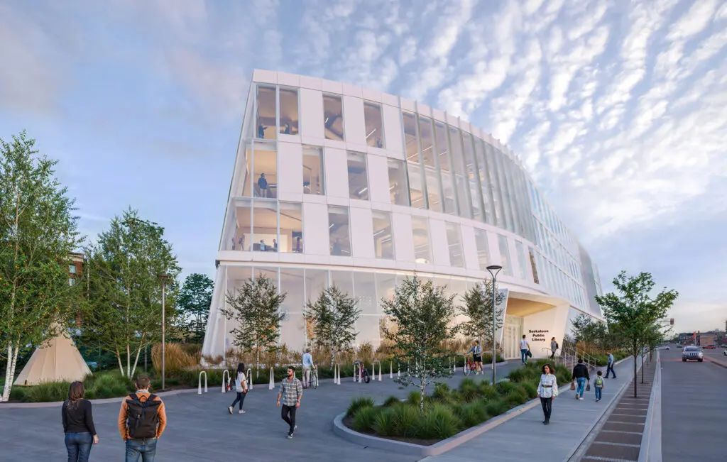 Rendering of a white building with many windows against a sky with dappled clouds