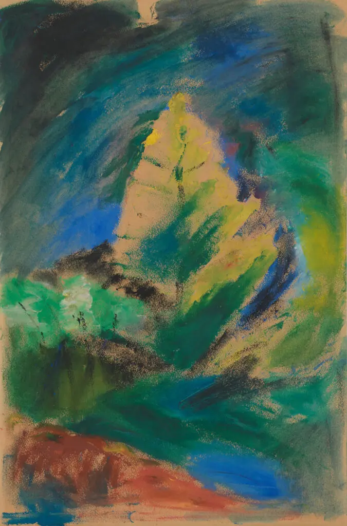 A vertical oil painting by Emily Carr in a quick, sketch-like style of a single tree in the landscape. There are many shades of green and blues and browns used.