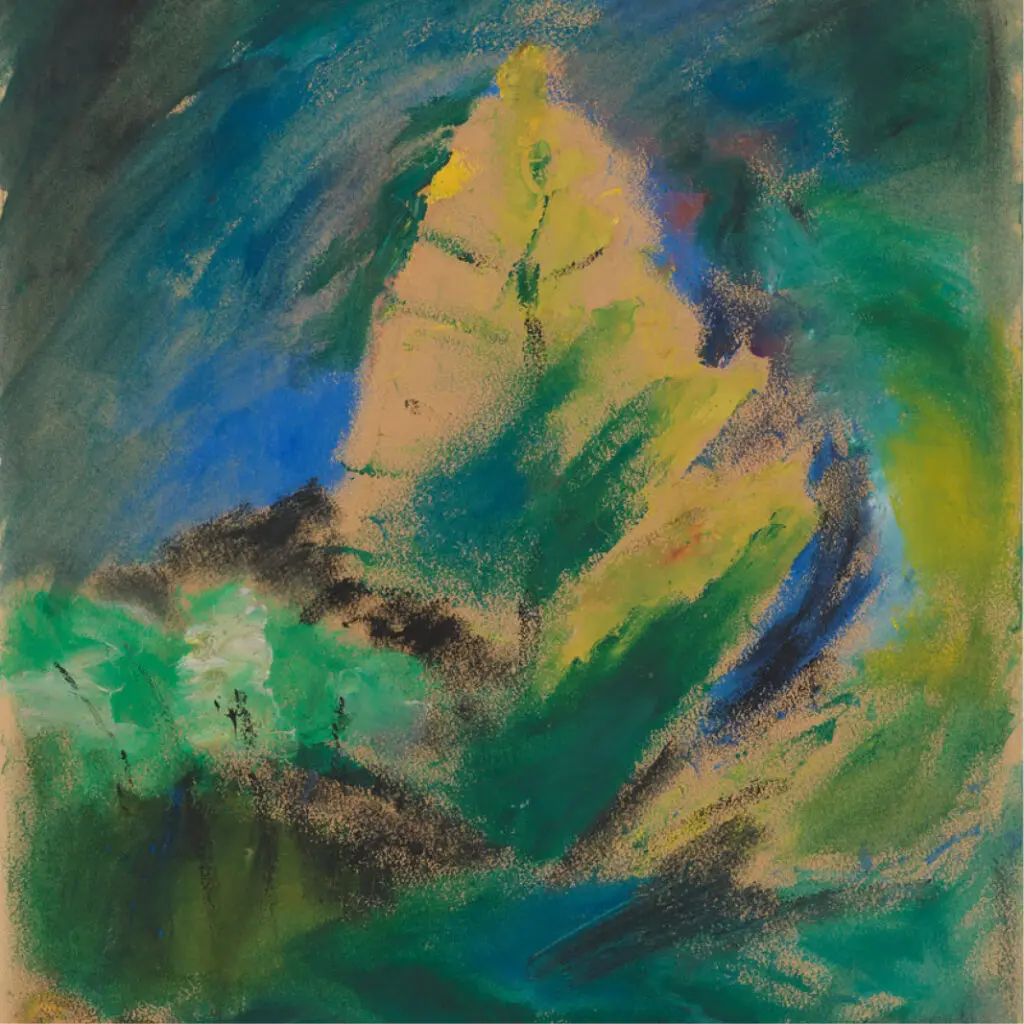 A square crop of a vertical oil painting by Emily Carr in a quick, sketch-like style of a single tree in the landscape. There are many shades of green and blues and browns used.