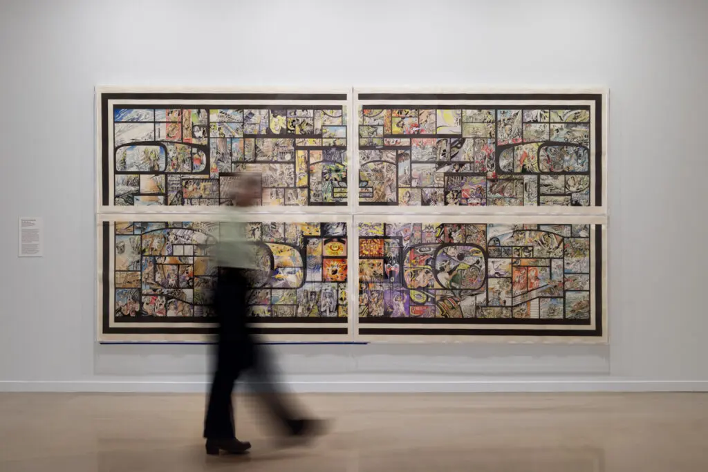 Installation view of Michael Nicoll Yahgulanaas' watercolour and ink work titled Clan Hat, 2021–25, in the exhibition "We who have known tides: Indigenous Art from the Collection.