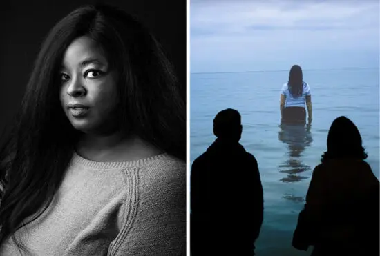Two images placed side by side. On the left is a black-and-white portrait of a Black woman from the torso up. On the right is a photograph of two people with the backs to the viewers, watching a screen. On the screen, a woman stands in the ocean and appears to walk towards the horizon.
