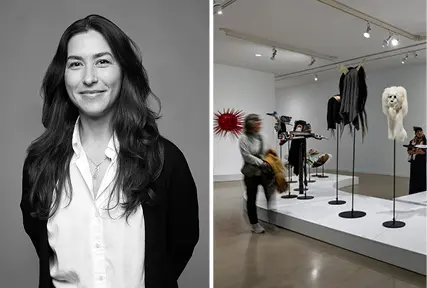 Two photographs placed side by side. On the left is a black and white image of Camille Georgeson-Usher, a young Indigenous woman with brown hair past her shoulders shown from the waist up, wearing a white button-down shirt and a black cardigan. On the right, we see an installation view of a blurred woman looking at Beau Dick's Undersea Kingdom masks.