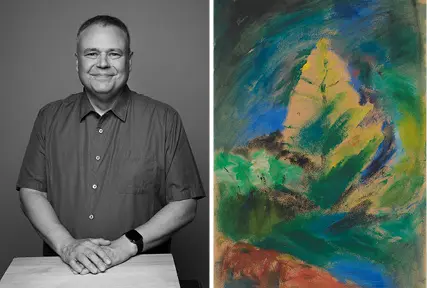 Two images combined. On the left, we see a black-and-white portrait of Richard Hill. He is a man wearing a grey, button up t-shirt. His hands are crossed in front of him. On the right, there is a vertical oil painting by Emily Carr in a quick, sketch-like style of a single tree in the landscape. There are many shades of green and blues and browns used.