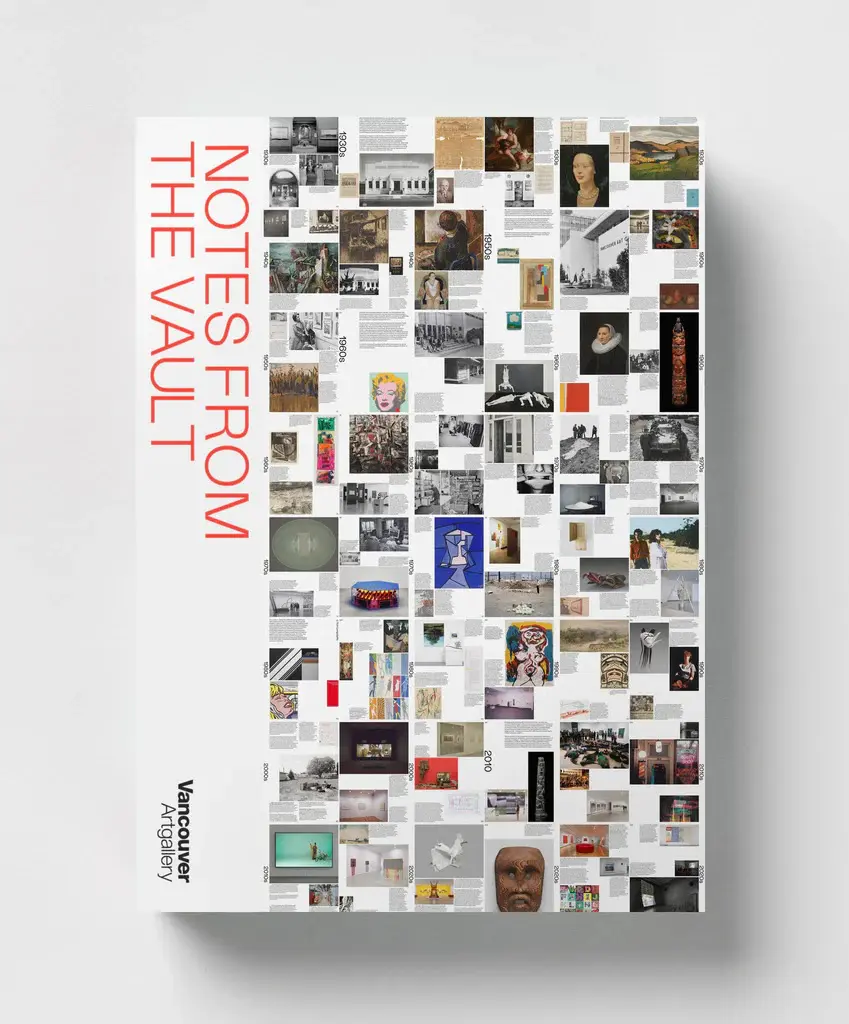 A photograph of a book cover with the title Notes from the Vault on the left side, and then many images of artworks from the collection.