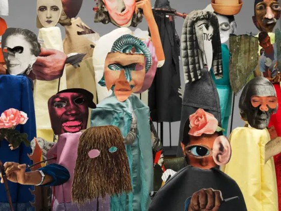 A photograph of an artwork by Canadian artist Geoffrey Farmer. The work is a collage. We see a mass of figures made from paper cutouts.