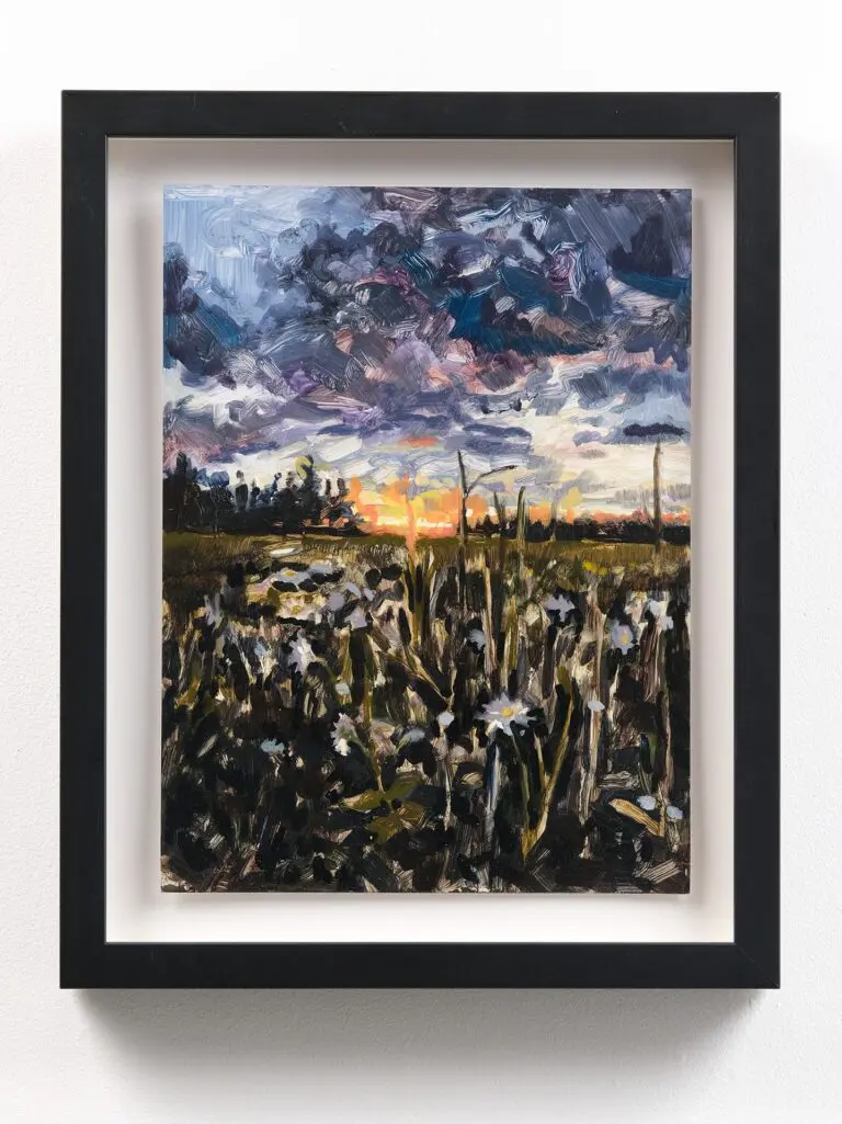 A photograph of an artwork in a black frame with white matte. The painting is acrylic on paper, and it depicts a sunsetting in the background with foliage in the foreground.