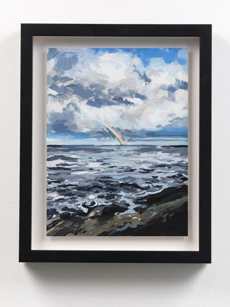 A photograph of an artwork in a black frame with white matte. The painting is acrylic on paper, and it depicts a rainbow over the Salish Sea.