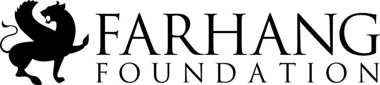 A logo with a phoenix on the left in black and the text Farhang Foundation in all caps stacked on the right.