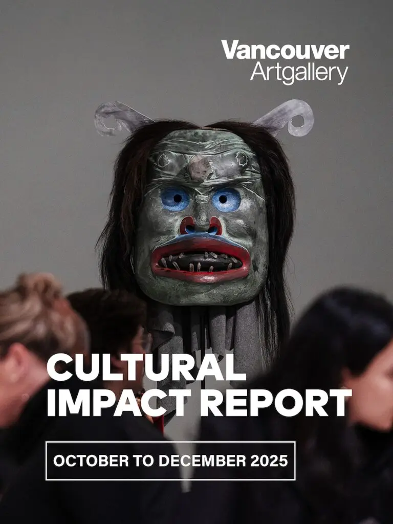 Cover of the Vancouver Art Gallery Cultural Impact Report covering October to December 2025. The Gallery's logo appears in the top right, and there is the title text on an image of people mulling around a detail of wooden carved Indigenous mask by Beau Dick.