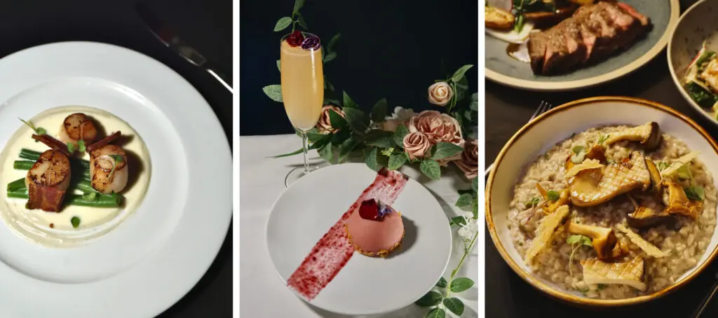 Three photographs of menu items as part of 1931 Gallery Bistro's Valentine's Day special. On the left, we see scallops on a white plate. In the middle, there is a chocolate dome dessert with pink roses and a glass of bubbly. And on the right, we see a mushroom risotto in the foreground with a steak in the back