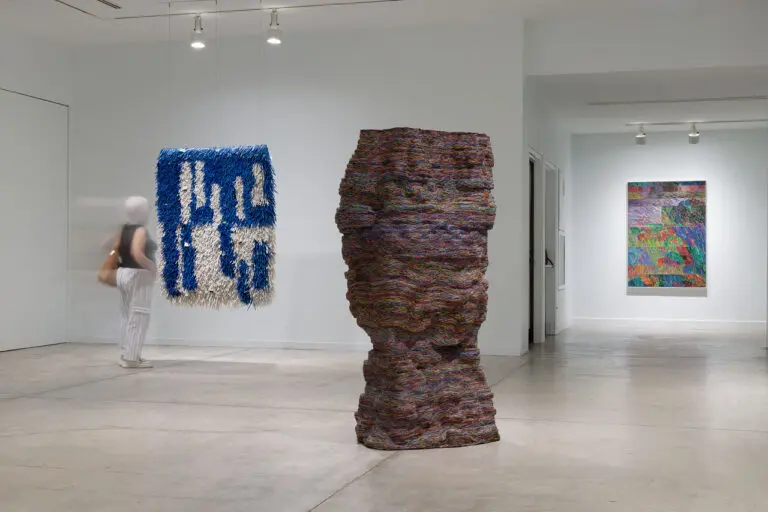 Installation view of 3 artworks by Emily Hermant in the exhibition Vancouver Now! On the left, a blurred woman also stands and looks at a blue and white work that looks like a hanging tapestry.