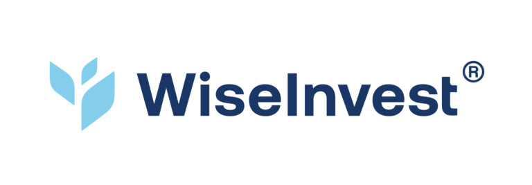 The logo graphic for WiseInvest. On the left is an icon in light blue that looks like a budding flower with two petals. On the right in the text WiseInvest in dark blue.
