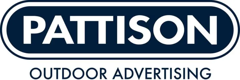 The logo for Pattison Outdoor Advertising in a dark blue with the text "Pattison" in all caps in an oval, and the text "outdoor advertising" below.