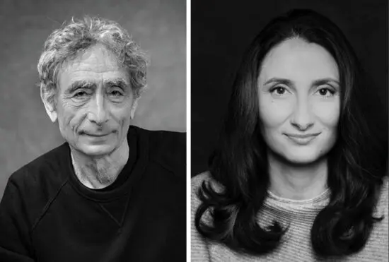 A black-and-white, side-by-side portrait composition showing two individuals from the shoulders up. The left image features a person with short, curly hair wearing a dark, casual top against a softly textured background. The right image shows a person with longer, wavy hair wearing a light, knit top against a darker background. The lighting is even and studio-style, emphasizing contrast and texture in hair and clothing.