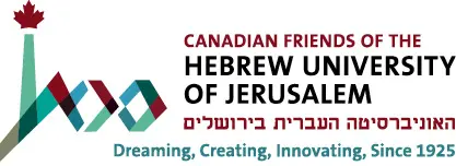 Logo for the Canadian Friends of the Hebrew University of Jerusalem. The logo includes green, red and blue interwoven lines, with a maple leaf at the top on the left, and then text on the right, include Hebrew scripture on the bottom