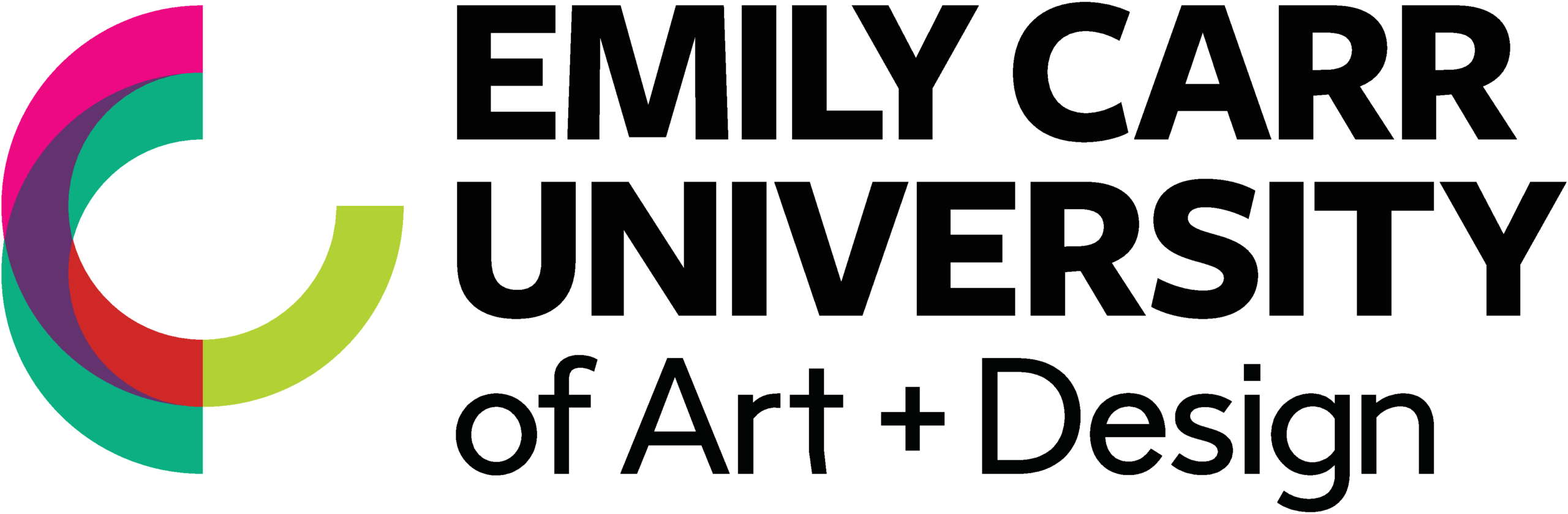 Emily Carr University of Art + Design logo with black text and a c shape on the right in the colour pink, green and blue.
