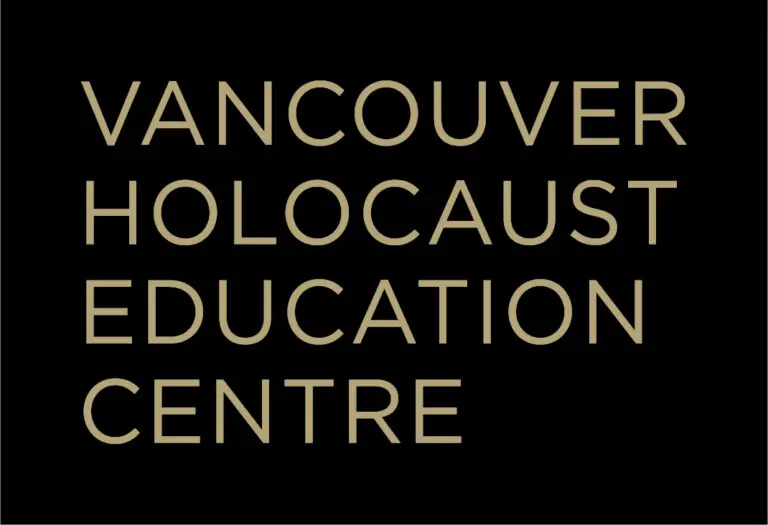 The logo for the Vancouver Holocaust Education Centre. Their name appears in yellow text on a black background.