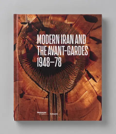 A photograph of the cover of the publication Modern Iran and the Avant-Gardes, 1948–78 on a grey background. The publication cover is brown with copper tones and is an artwork. The title appears in white text on the book cover.