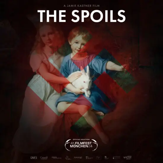 A movie poster for the film The Spoils with a painting of childred covered in a swastika.