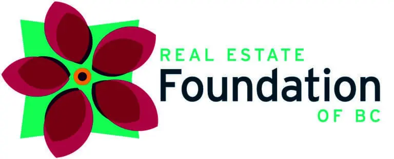 The logo for the Real Estate Foundation of BC. On the left is a graphic of a pink flower overlaid on a light green square. On the right is the foundation's name in green and black.