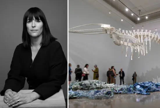 Two photos side by side. On the left is a black-and-white headshot of Eva Respini, a woman with shoulder length brown hair and bangs. She is wearing a black shirt and has her hands in front of her. On the right is a photo of a Gallery room featuring a large whale skeleton made out of white plastic chairs. There are people in the room looking up in awe at the work. On the floor, there is another installation that recalls the ocean made up of painted blue plastic bottles.
