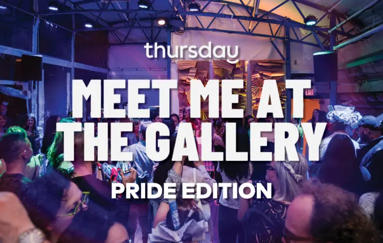 A photograph of a dance party at the Gallery, overlaid with the text in white: Thursday / Meet Me at the Gallery / Pride Edition.