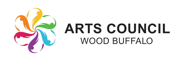 A graphic logo for the Arts Council Wood Buffalo. On the left is a multi-coloured graphic element.