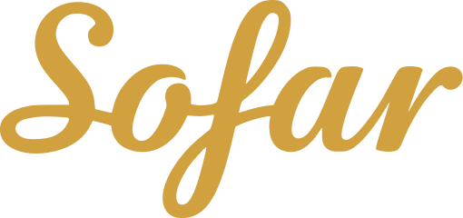 A graphic logo for Sofar Sounds, featuring the text "Sofar" in golden yellow cursive lettering.