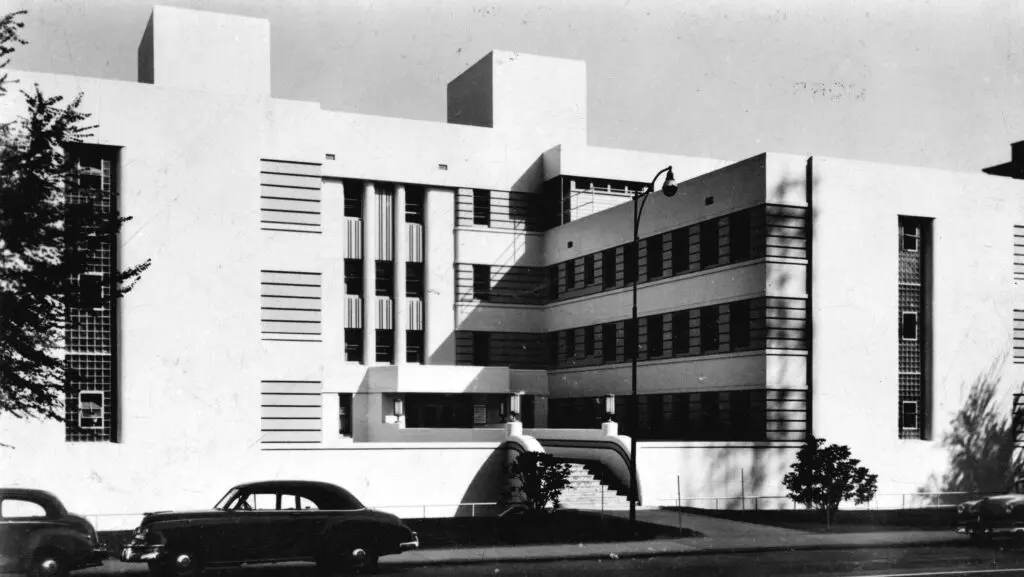 An archival photograph in black and white of Vancouver General Hospital building exterior.