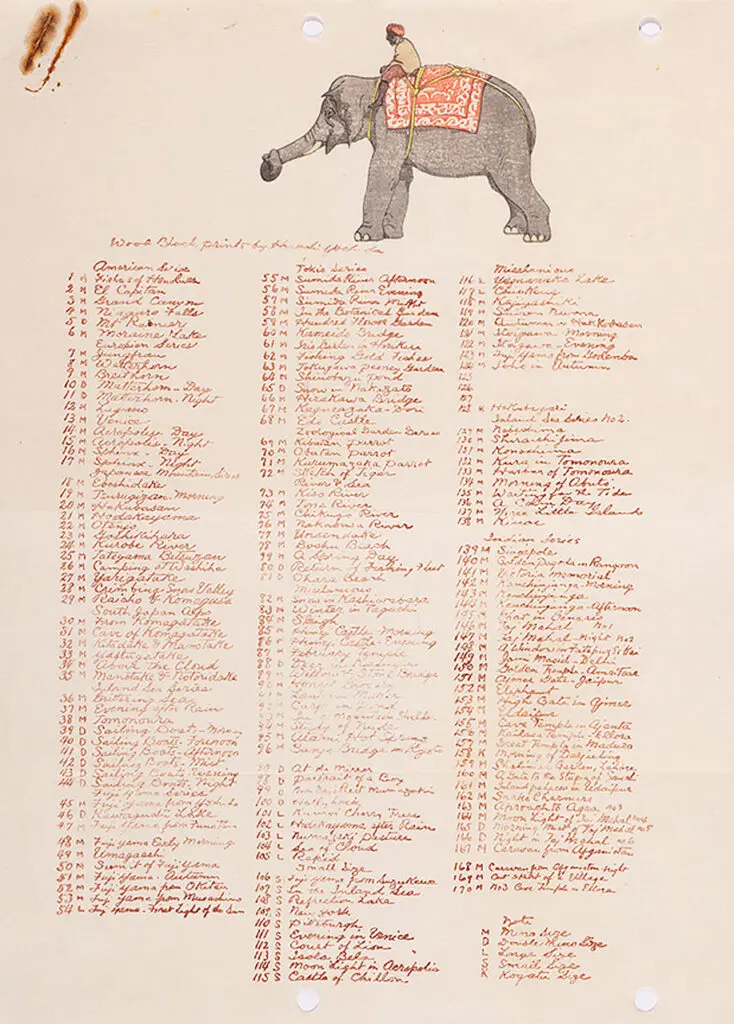 A photograph of an archival list of artworks included in an exhibition of Japanese art at the Vancouver Art Gallery. There is a painting of an elephant at the top of the page.