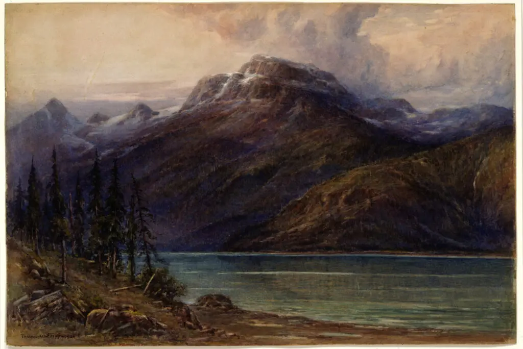 A photograph of a painting by Thomas Fripp featuring a mountain landscape with clouds.